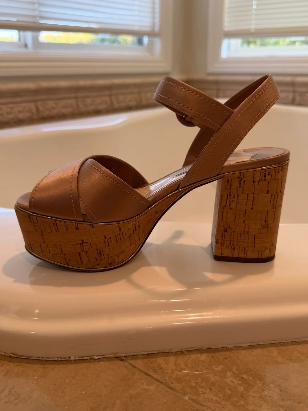 Prada Rose Blush Leather Crisscross Heels - Picture 3 of 5